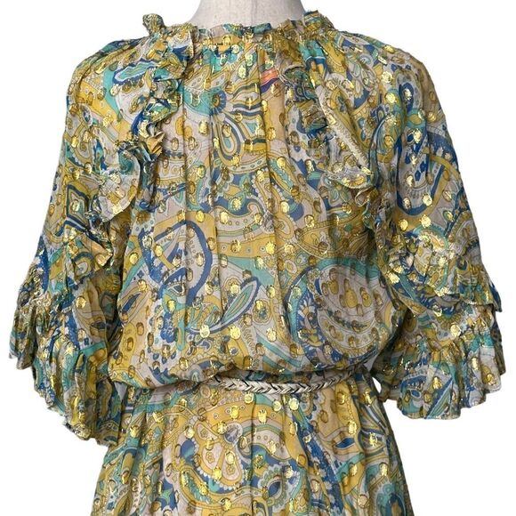 Shoshanna Giada Metallic Dot Floral Silk  Dress | Size 6 - Picture 9 of 12